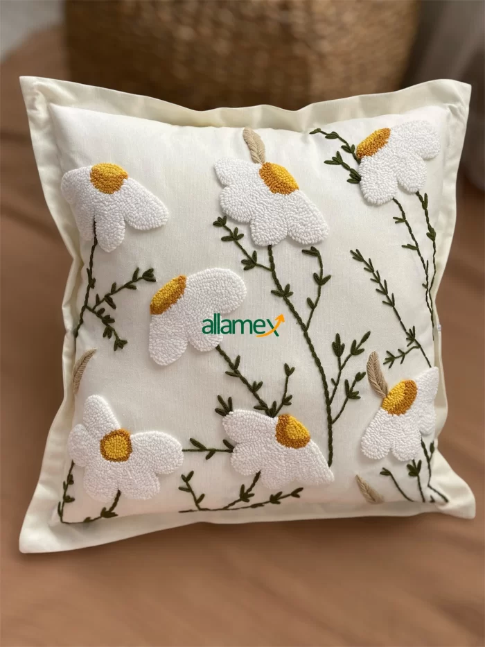F4 – Handmade Punch Needle Daisy Pillow Cover, Handmade Cushion Cover, Home Decor, Sofa Pillowcase