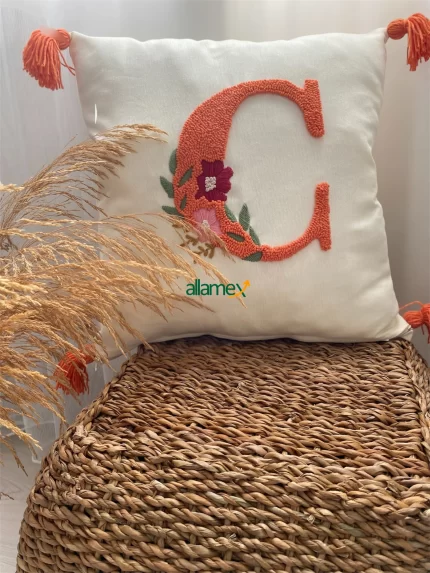 L1 - Handmade Personalized Punch Needle Pillow Case With Tassels, Custom Cushion Cover, Name Pillowcases, Flower and Letter